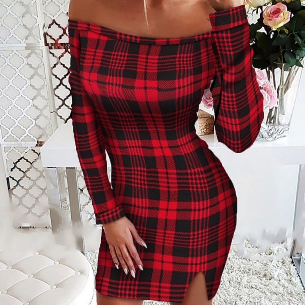 Red Plaid Off Shoulder Dress